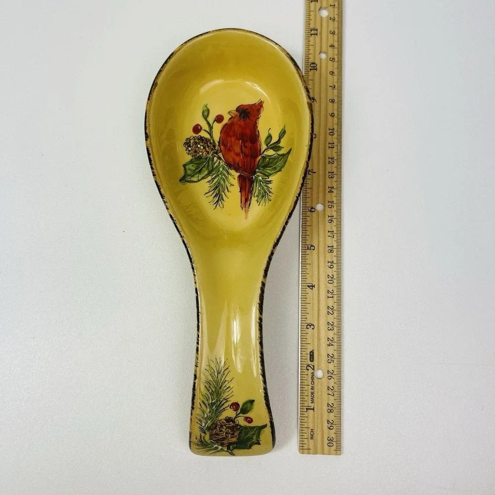 Hand painted Maxcera Cardinal Holiday Pine Holly Utensil Spoon Rest  10